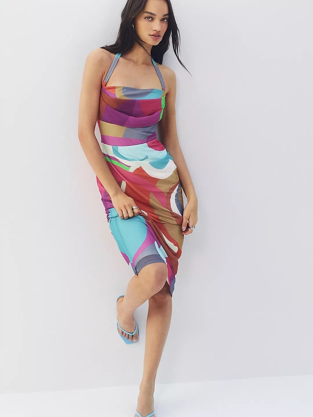Anthropologie Multicolor Abstract Halter Midi Dress in Pink, Teal & Brown